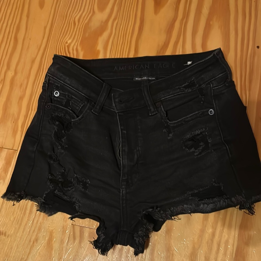 AMERICAN EAGLE Hi-Rise Shortie Black Distressed Short